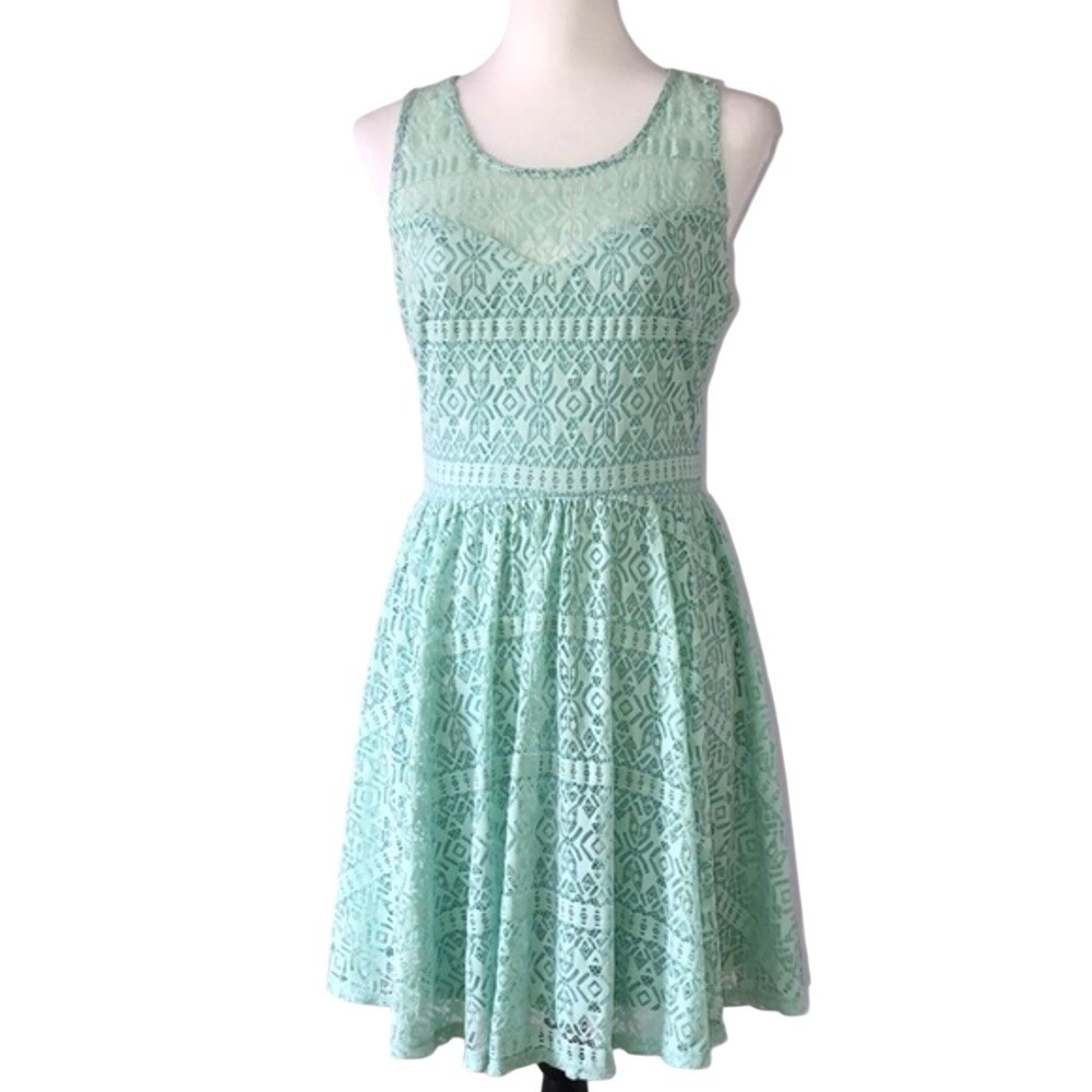 Three Hearts Lace Geometric Fit And Flare Mint Green Dress Medium